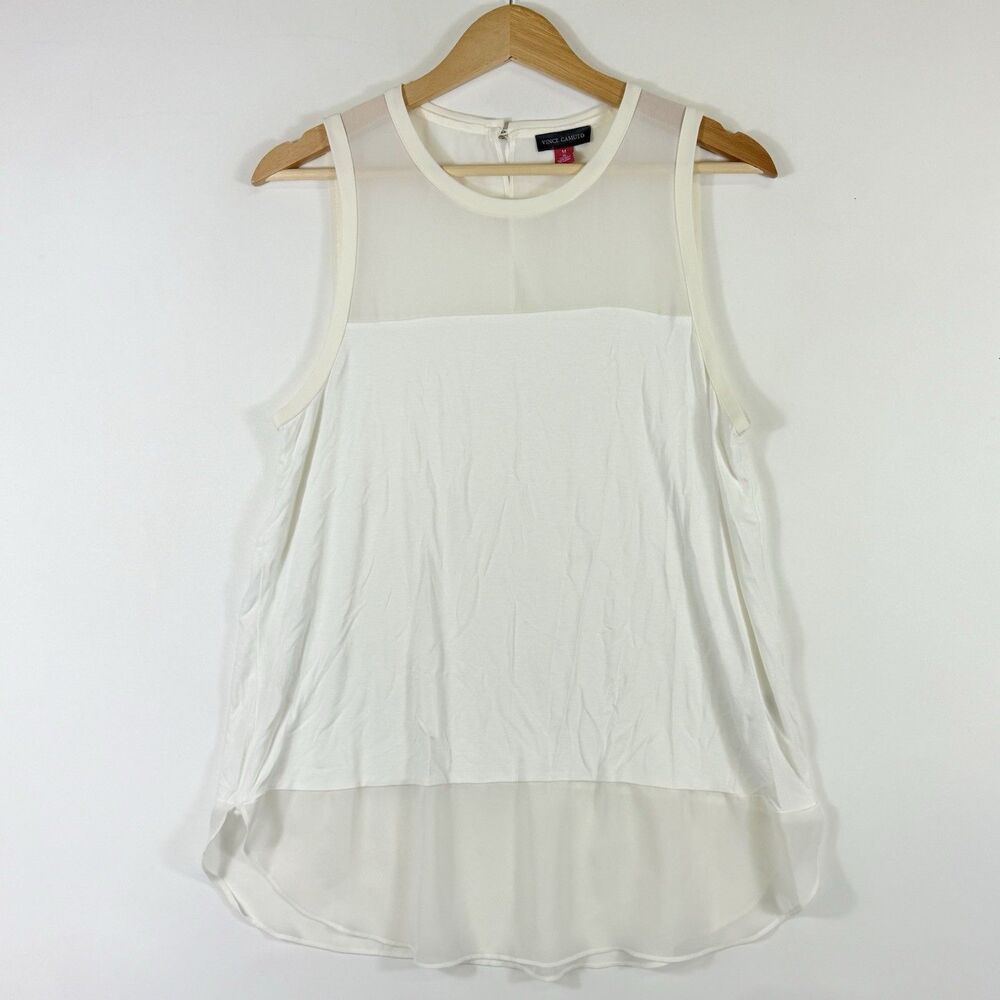 Vince Camuto Womens Medium Ivory Sheer Shoulder Jersey Knit Sleeveless Shirt Top